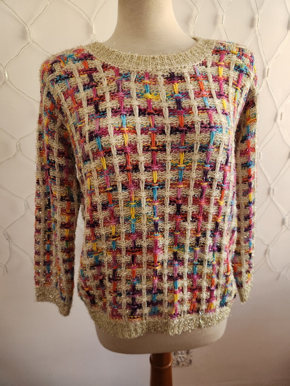 Multicolor Grid Knit Women's Sweater • Silver Thread • Tagged Size Medium